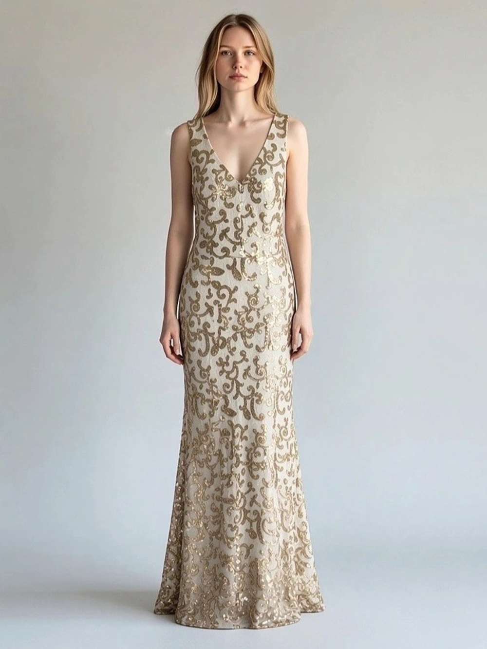 On Studio Sequin Maxi Dress in White & Gold Size Medium Like New